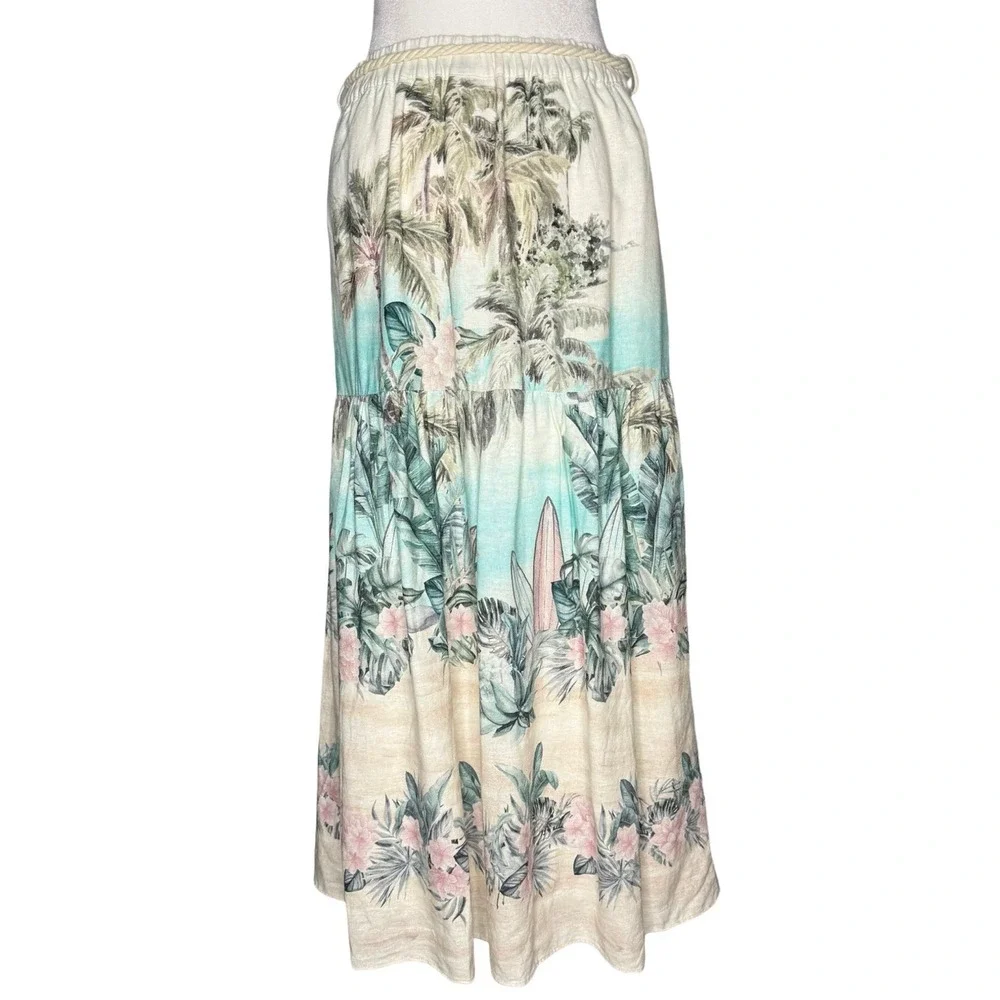 Joie Midi Skirt Tiered‎ Medium Linen Blend Rope Shell Belt Hawaiian Beach Pastel